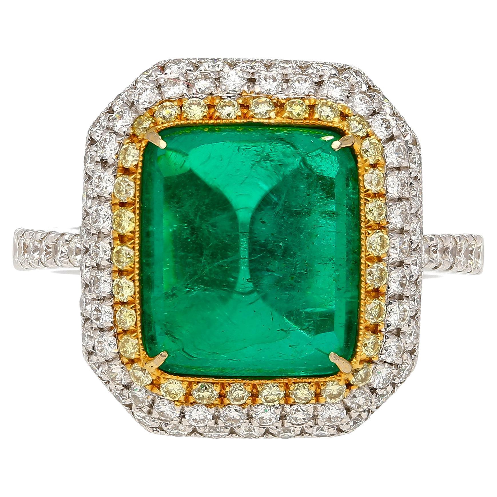 4.49 Carat Sugarloaf Cabochon Cut Colombian Emerald and Double Diamond Halo Ring