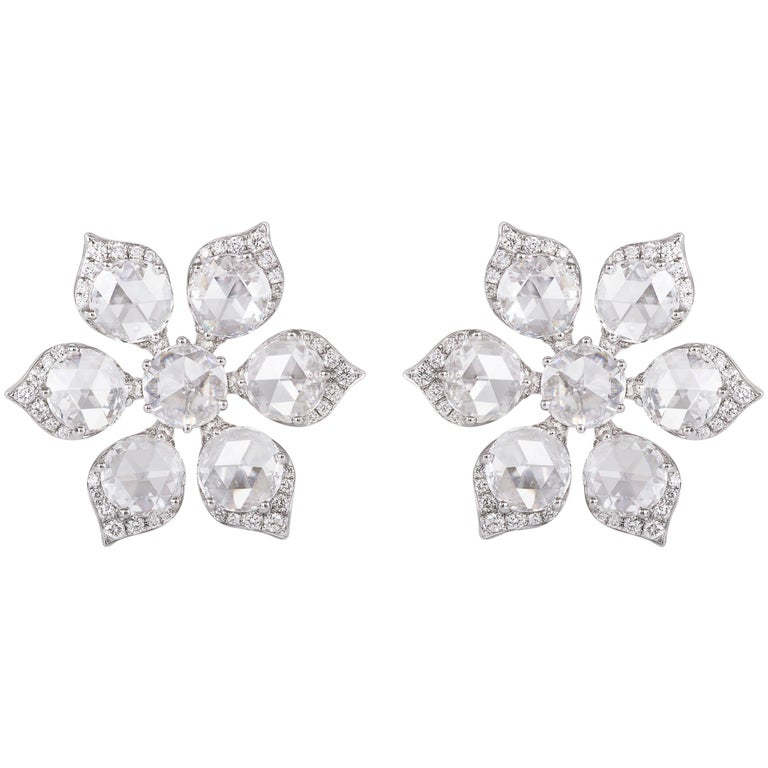 Rarever 18K White Gold 4.49 Carat Rose Cut Diamond Earrings Studs For Sale
