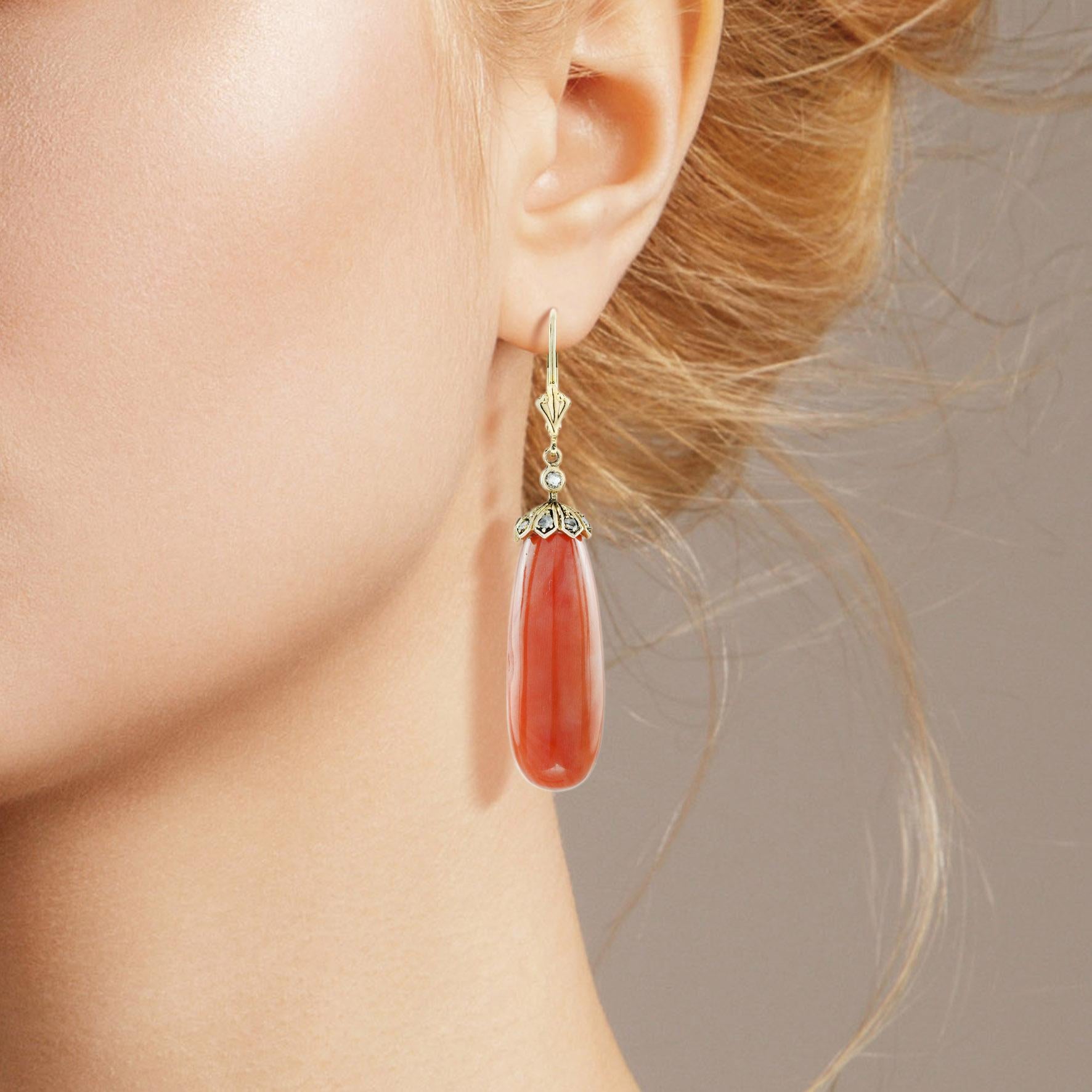 Women's 44.95 Ct. Coral Rose Cut Diamond Vintage Style Drop Earrings in 9K Yellow Gold