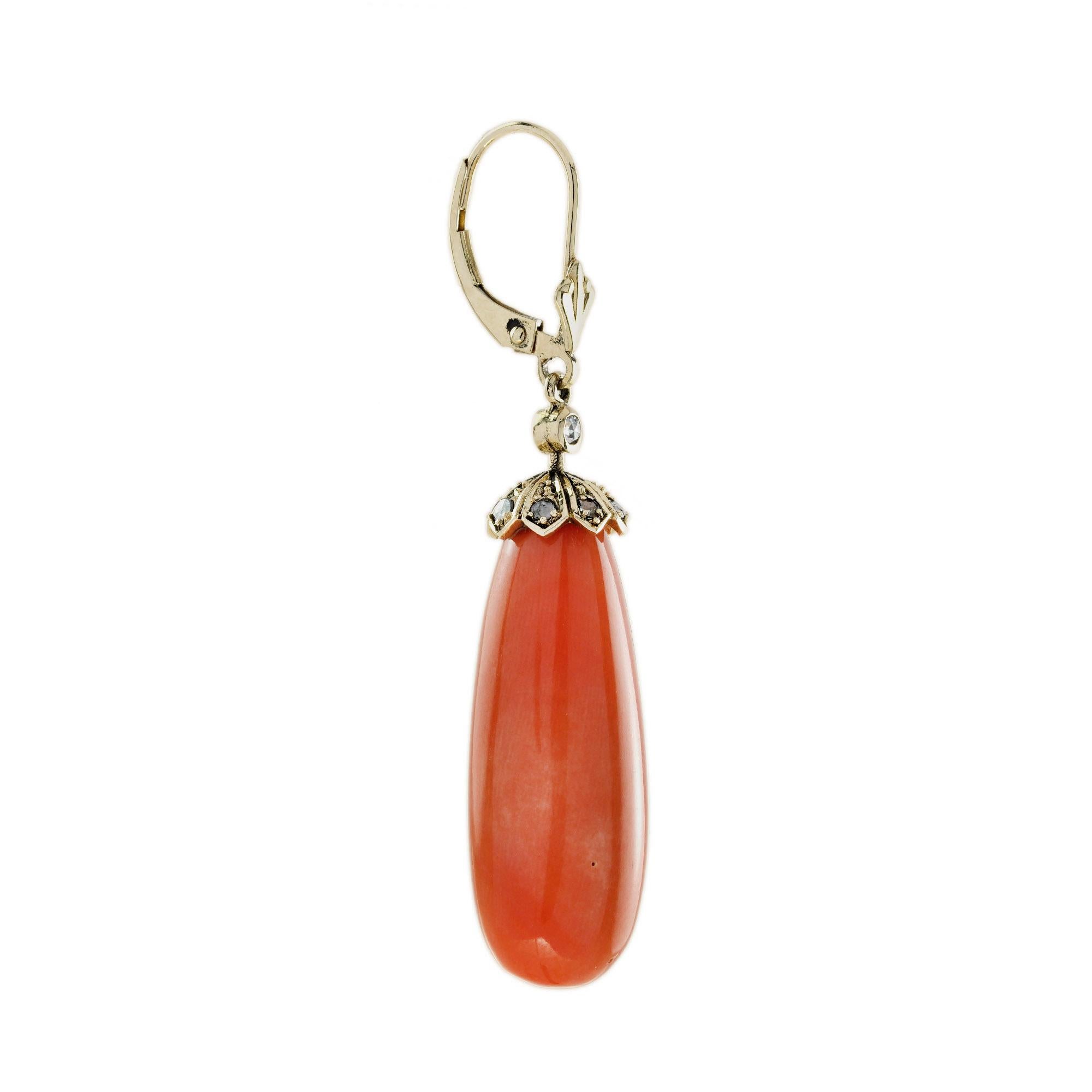 Art Deco 44.95 Ct. Coral Rose Cut Diamond Vintage Style Drop Earrings in 9K Yellow Gold