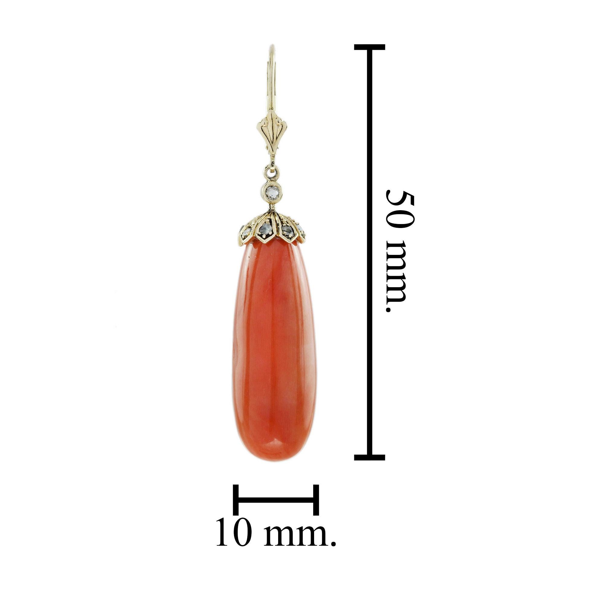 44.95 Ct. Coral Rose Cut Diamond Vintage Style Drop Earrings in 9K Yellow Gold In New Condition In Bangkok, TH
