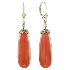 44.95 Ct. Coral Rose Cut Diamond Vintage Style Drop Earrings in 9K Yellow Gold