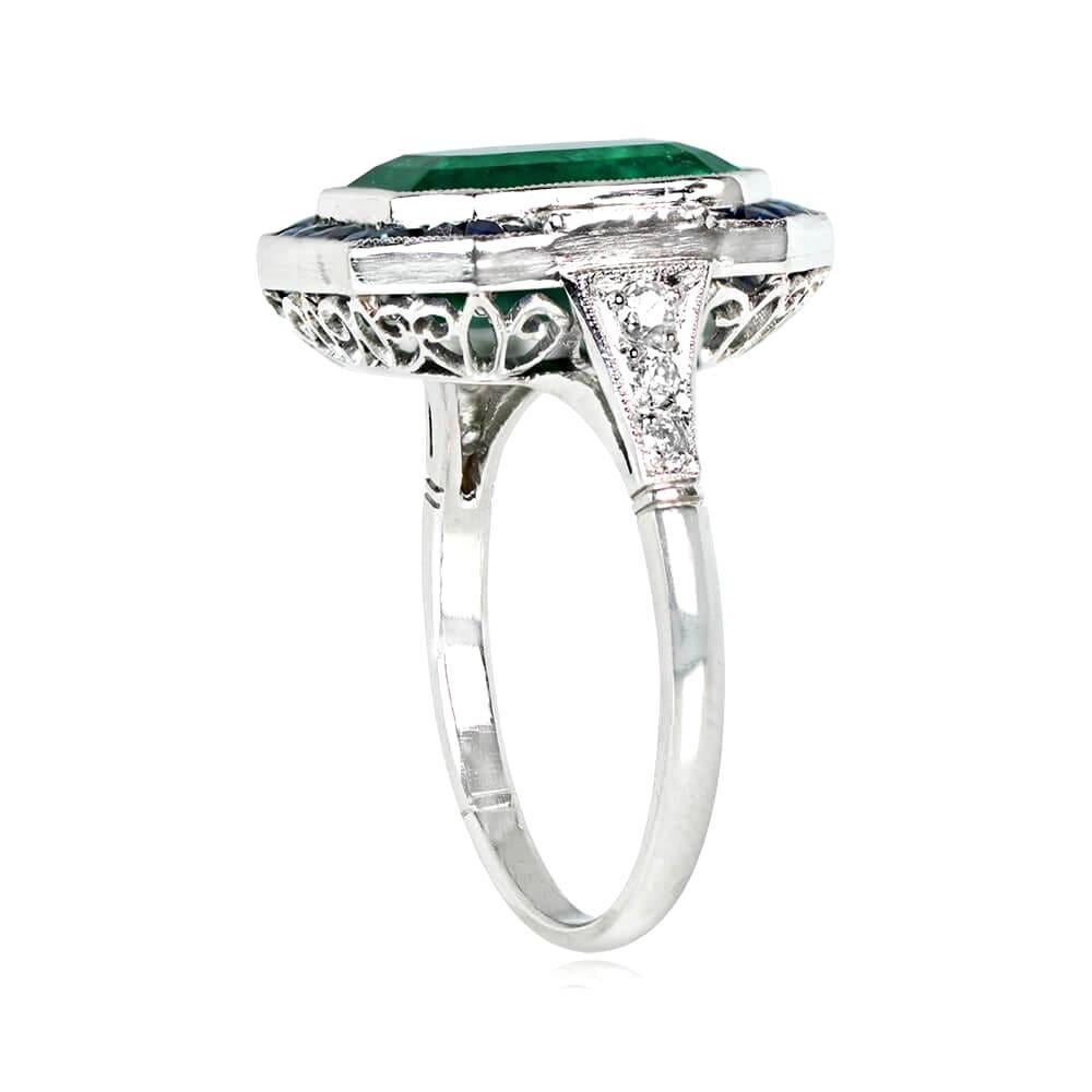 Art Deco 4.49 Carat Colombian Emerald Engagement Ring, Sapphire Halo, Platinum