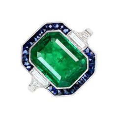 4.49 Carat Colombian Emerald Engagement Ring, Sapphire Halo, Platinum