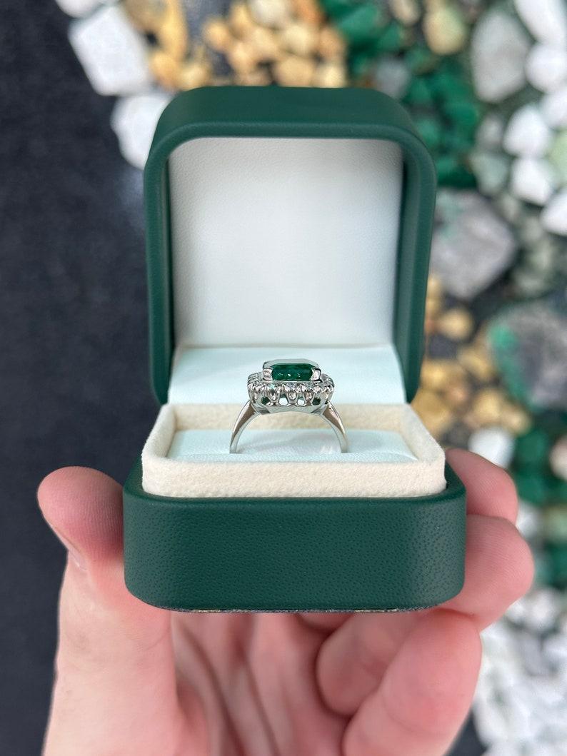 Women's 4.49tcw 14K Dark Green Emerald Cut Emerald & Diamond Halo Ring For Sale