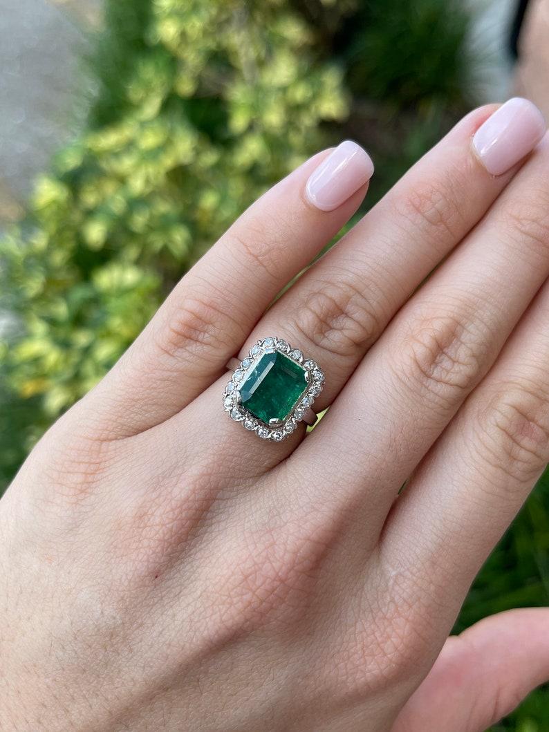 4.49tcw 14K Dark Green Emerald Cut Emerald & Diamond Halo Ring For Sale 1