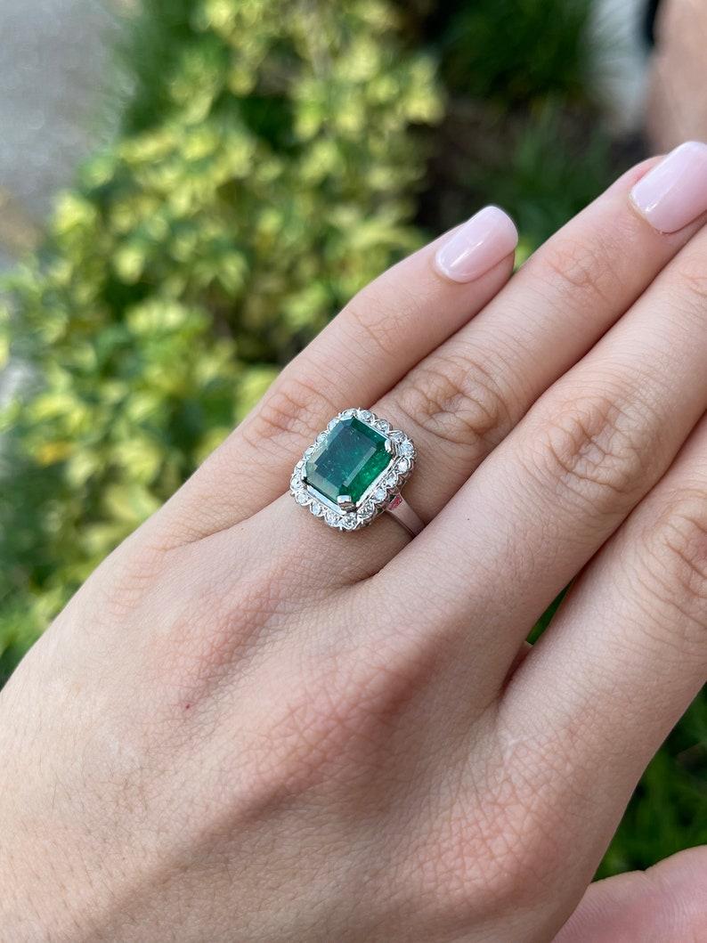 4.49tcw 14K Dark Green Emerald Cut Emerald & Diamond Halo Ring For Sale 2