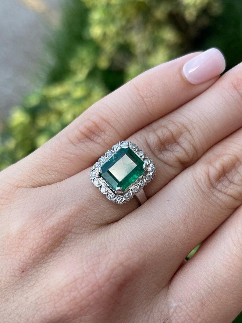 4.49tcw 14K Dark Green Emerald Cut Emerald & Diamond Halo Ring For Sale 3
