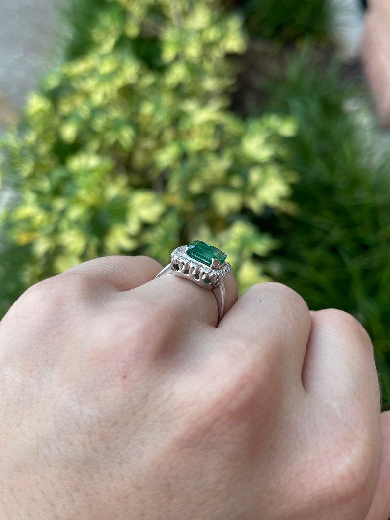 4.49tcw 14K Dark Green Emerald Cut Emerald & Diamond Halo Ring For Sale 4