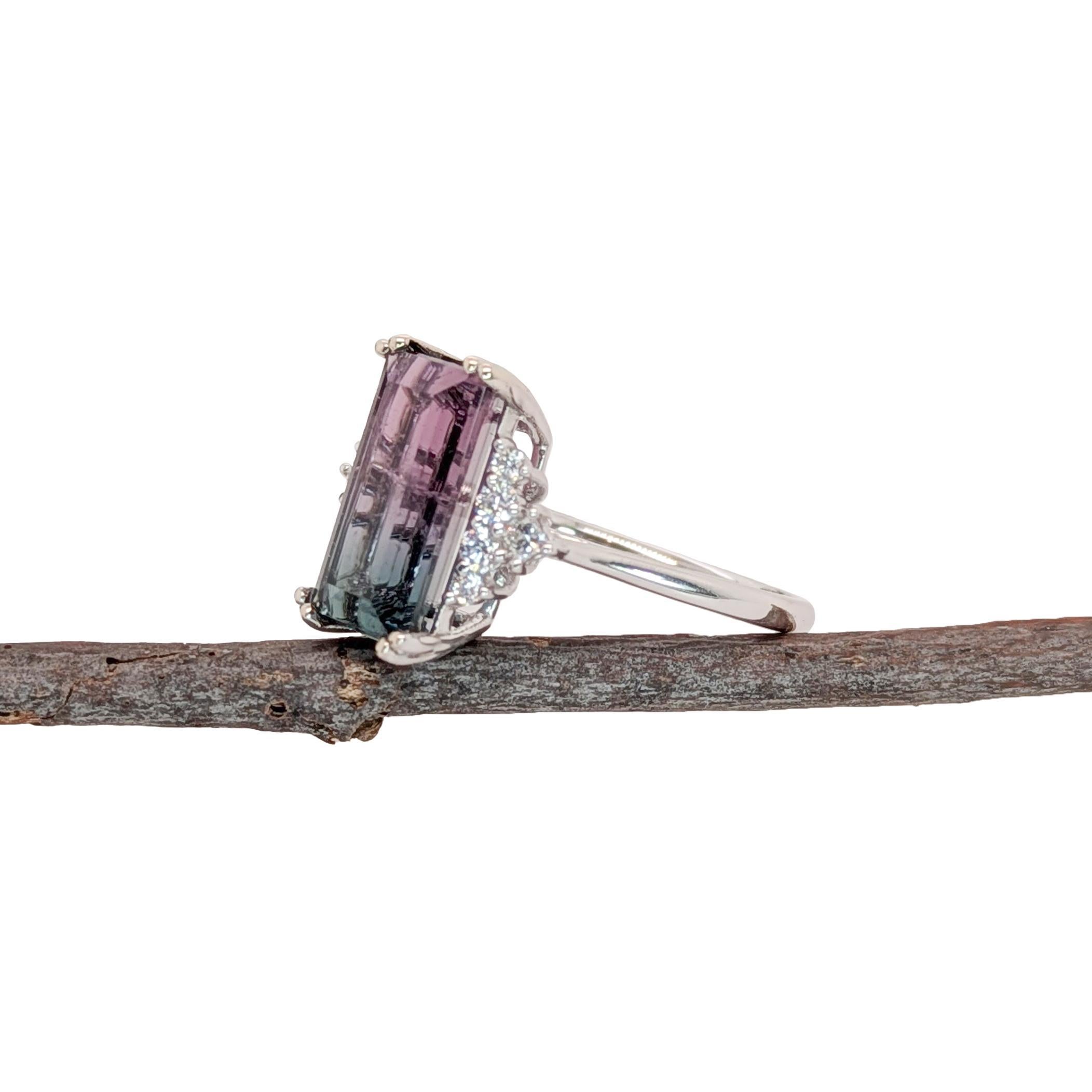 Emerald Cut 4.4ct Bicolor Tourmaline Ring w Natural Diamond Accents in Solid 14K White Gold