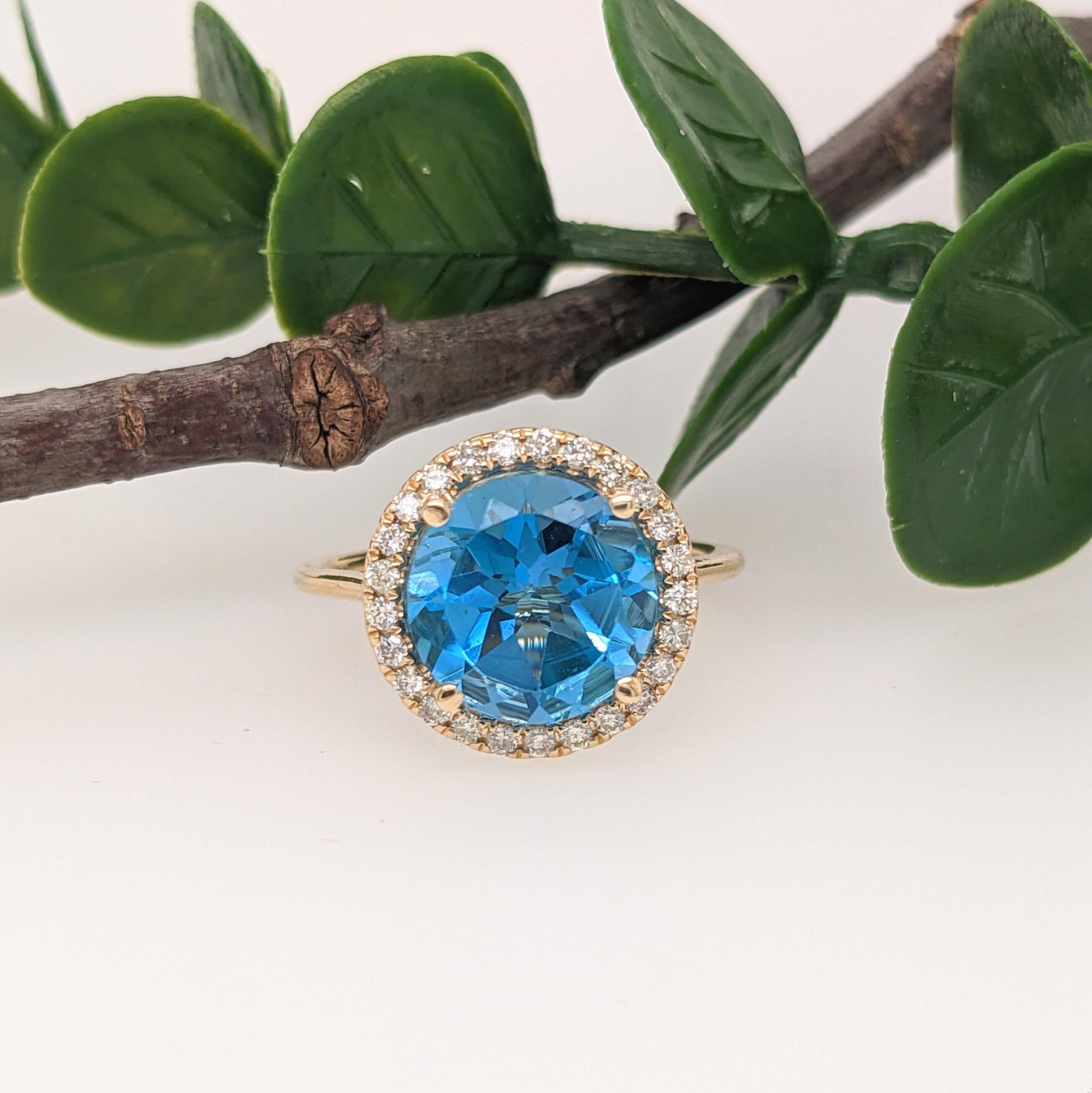 Modern 4.4ct Glam Swiss Topaz Ring w Earth Mined Diamonds in 14K Yellow Gold Round 10mm For Sale