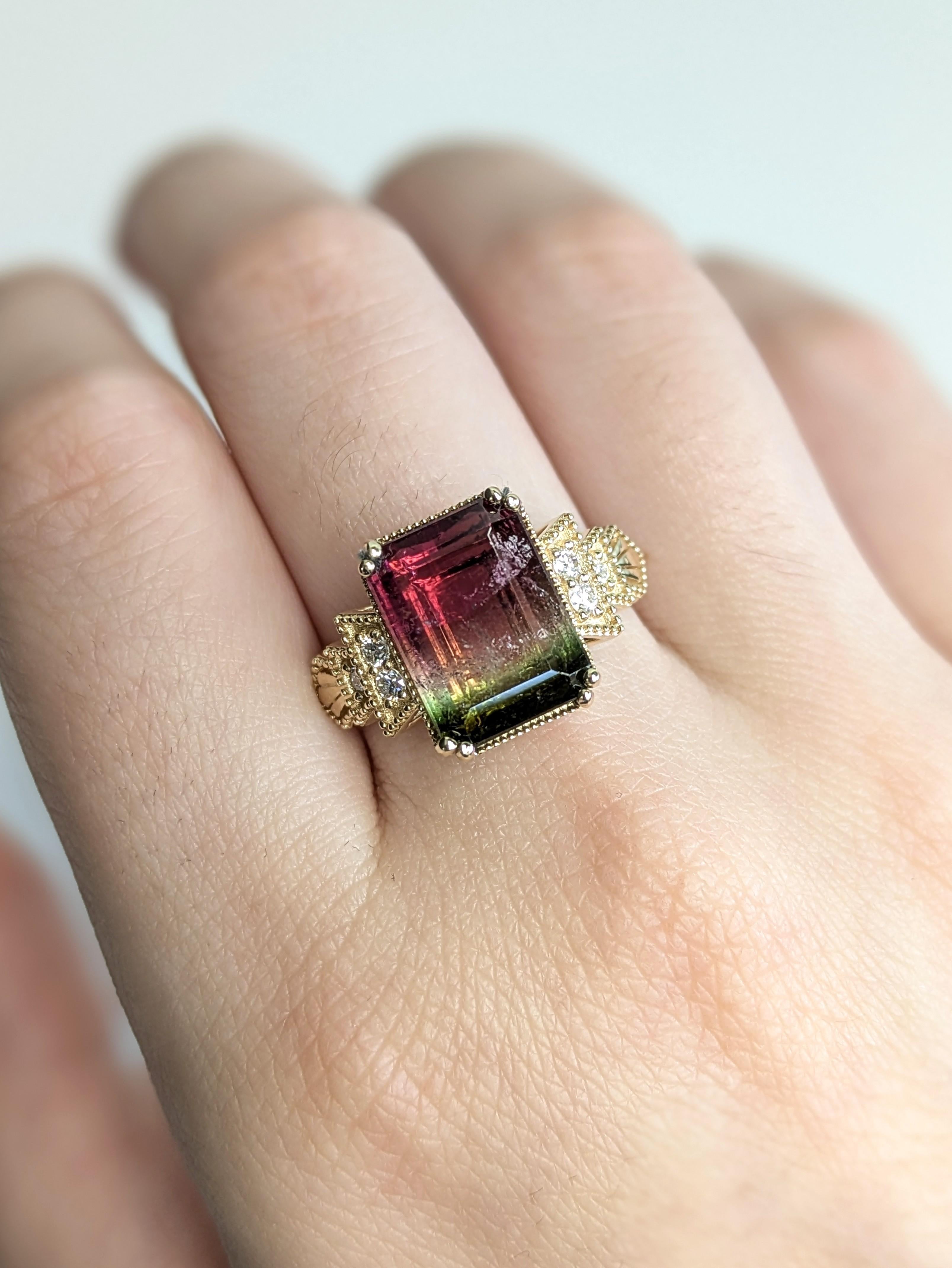 Art Deco 4.4cts Brazilian Watermelon Tourmaline Ring w Diamond Accents in Solid 14K Gold For Sale