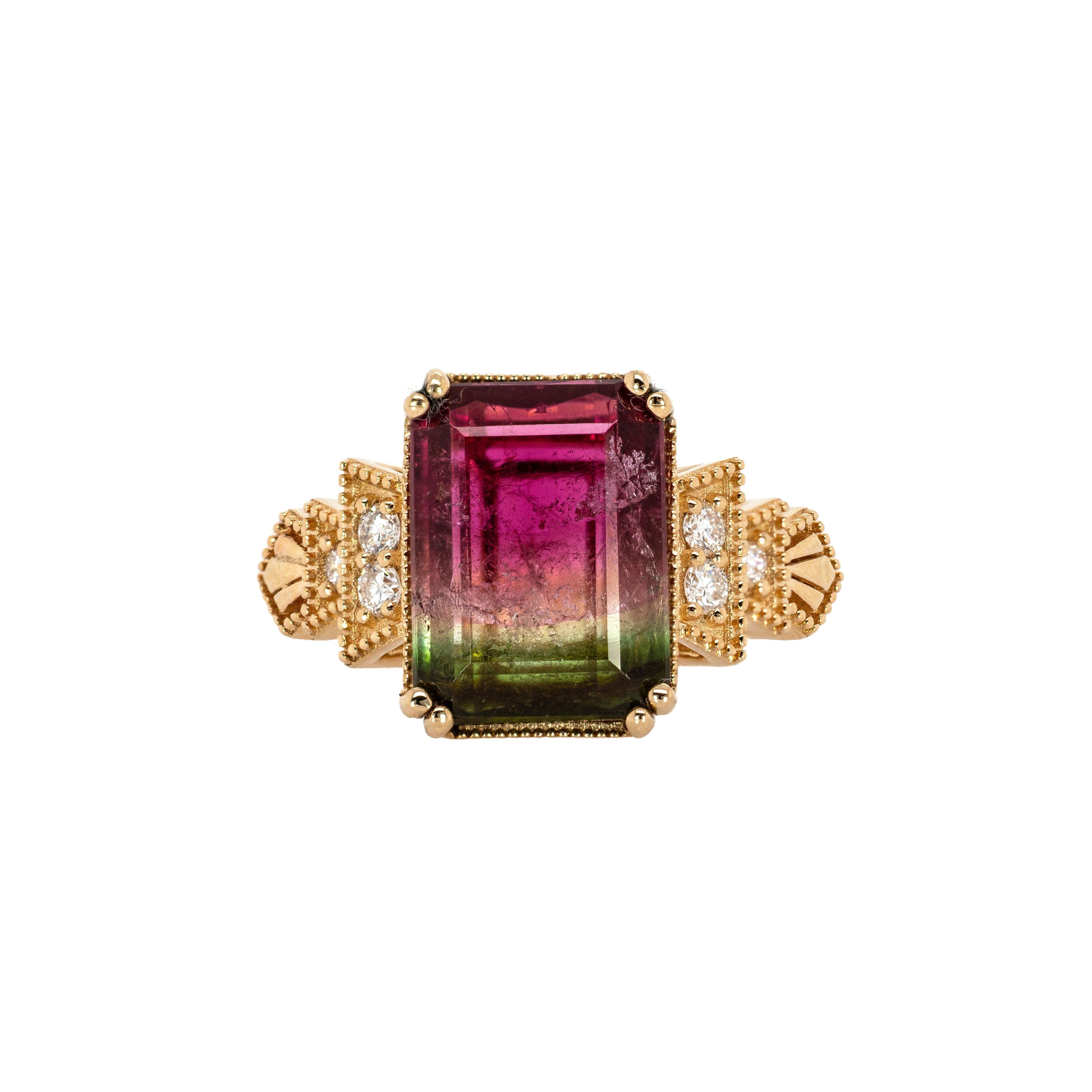 Emerald Cut 4.4cts Brazilian Watermelon Tourmaline Ring w Diamond Accents in Solid 14K Gold For Sale