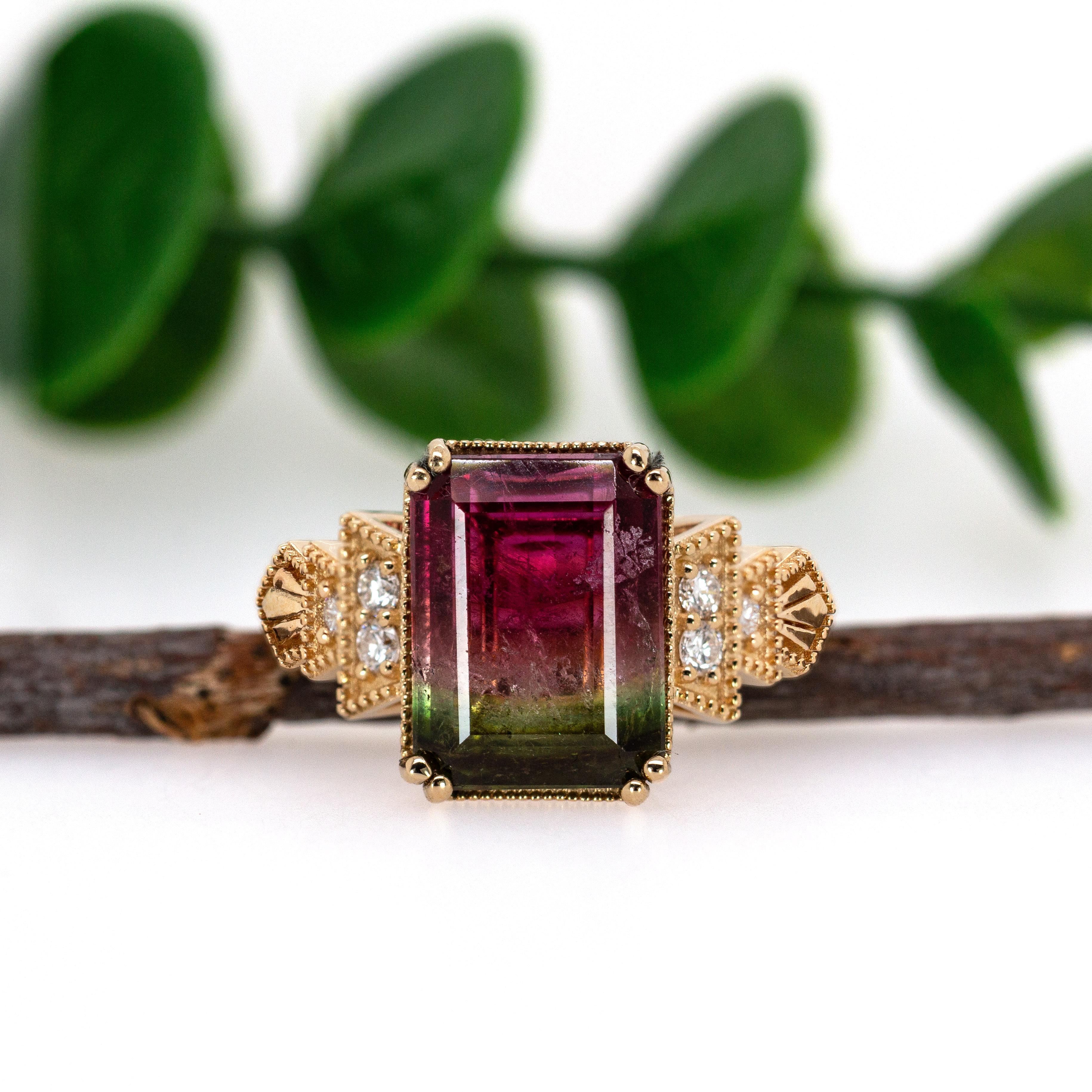 4.4cts Brazilian Watermelon Tourmaline Ring w Diamond Accents in Solid 14K Gold In New Condition For Sale In Columbus, OH