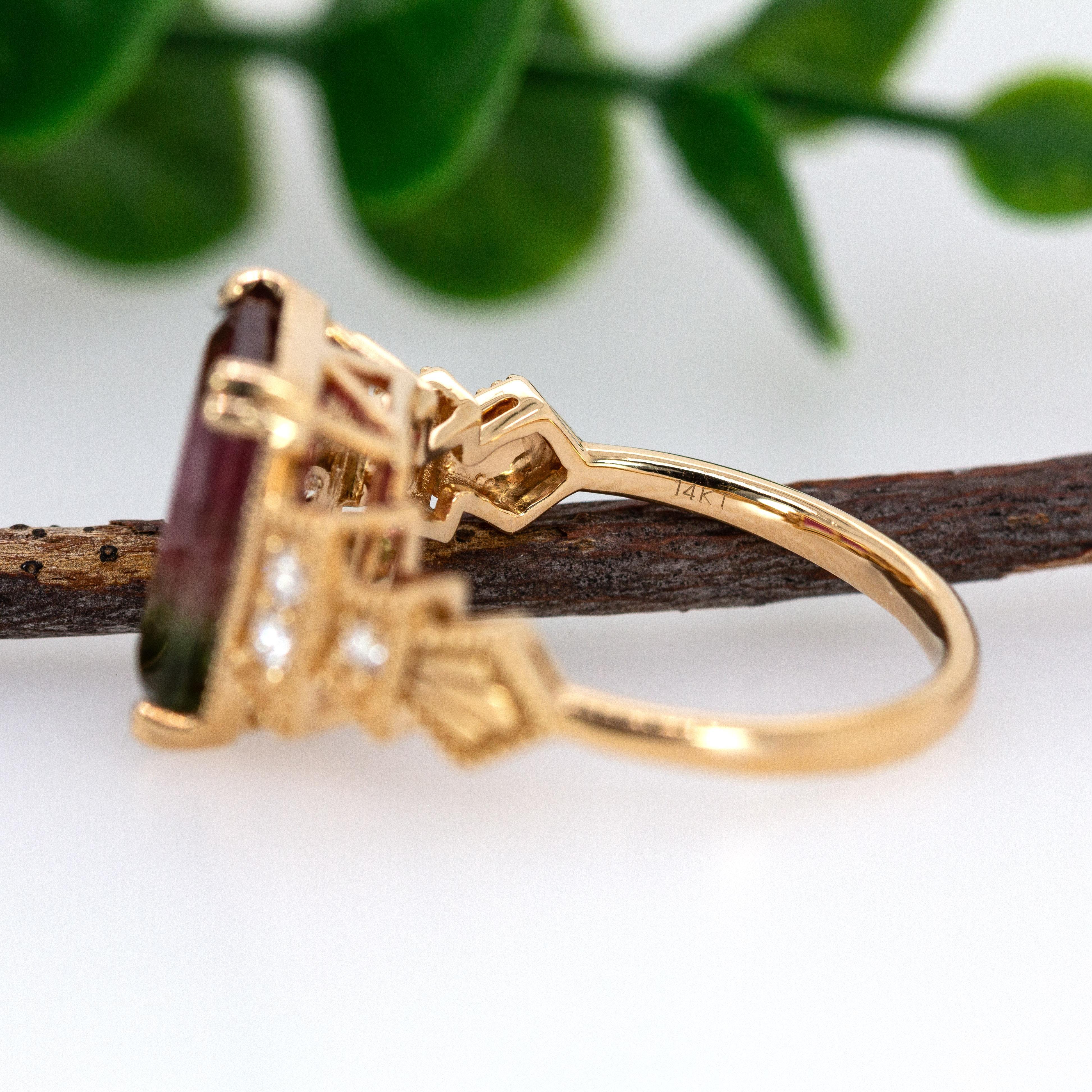 Women's 4.4cts Brazilian Watermelon Tourmaline Ring w Diamond Accents in Solid 14K Gold For Sale