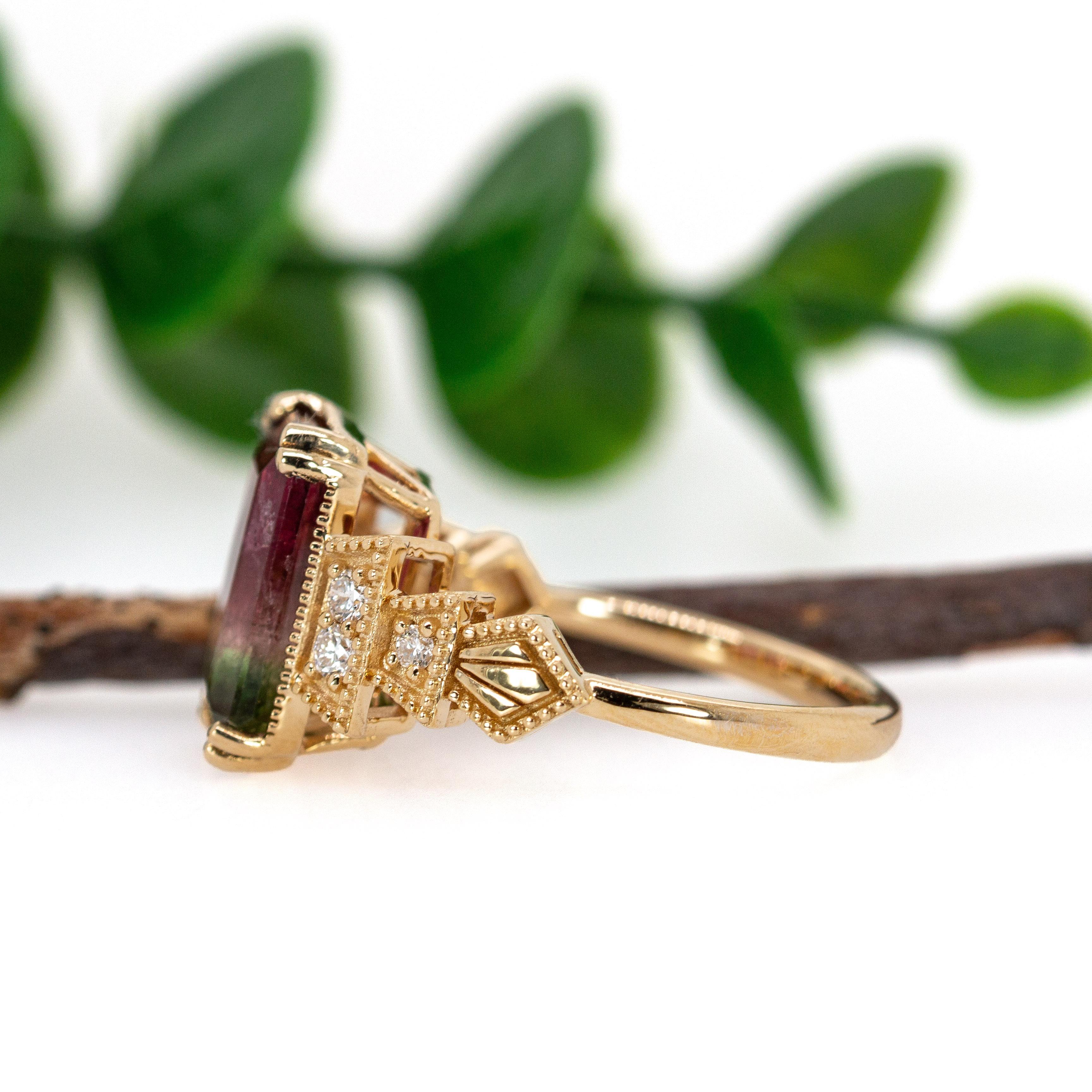 4.4cts Brazilian Watermelon Tourmaline Ring w Diamond Accents in Solid 14K Gold For Sale 1