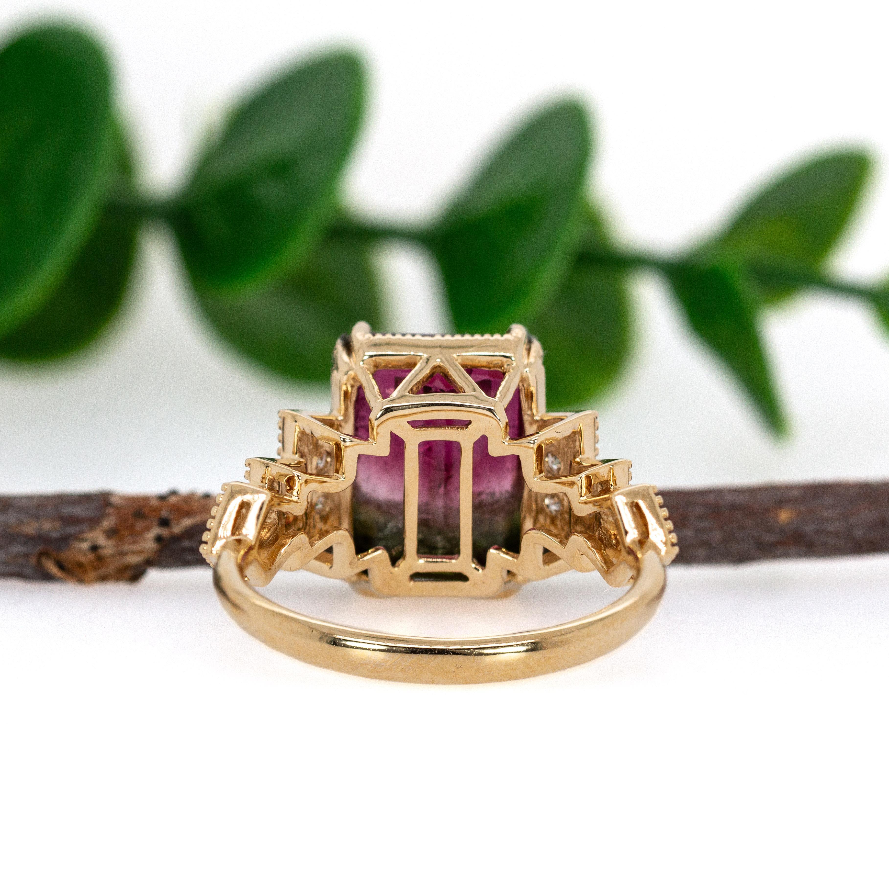 4.4cts Brazilian Watermelon Tourmaline Ring w Diamond Accents in Solid 14K Gold For Sale 2