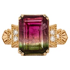 4.4cts Brazilian Watermelon Tourmaline Ring w Diamond Accents in Solid 14K Gold