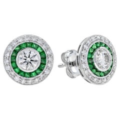 4.4mm Round Diamond & Emerald Invisible Set Double Halo Stud White Gold Earrings