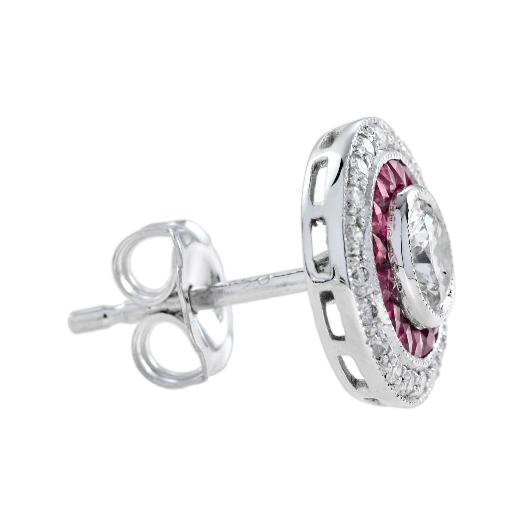 These Art-Deco stud earrings are completely spectacular! The vibrant color stone is a specialty cut to surround the excellent round brilliant cut center diamond, which is in a thin bezel with mil-grain detail.
Information
Style: Art Deco
Width: 11
