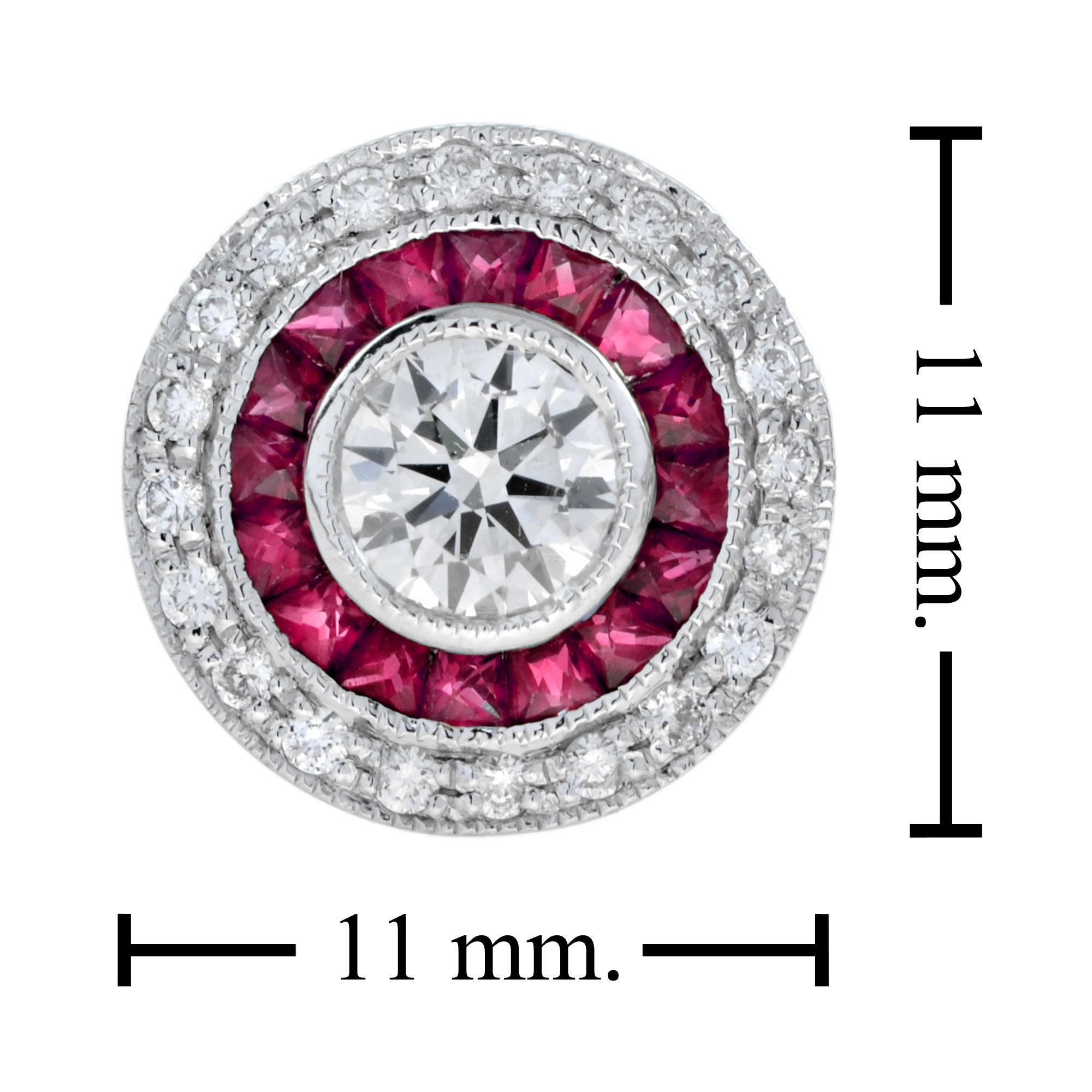 4.4mm Round Diamond & Red Pink Ruby Double Halo Set 14k White Gold Stud Earrings (Brillantschliff) im Angebot