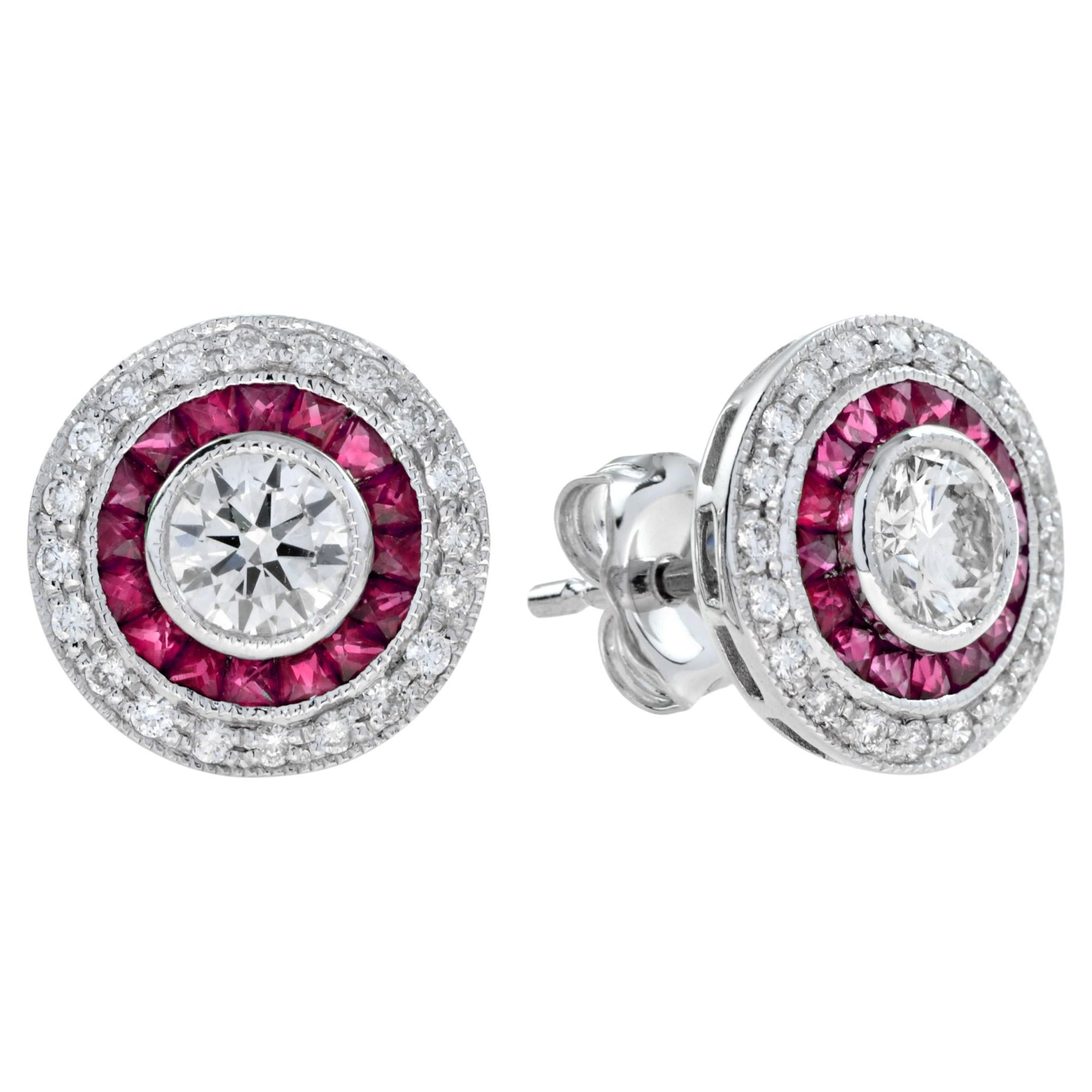 4.4mm Round Diamond & Red Pink Ruby Double Halo Set 14k White Gold Stud Earrings