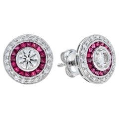 4.4mm Round Diamond & Red Pink Ruby Double Halo Set 14k White Gold Stud Earrings