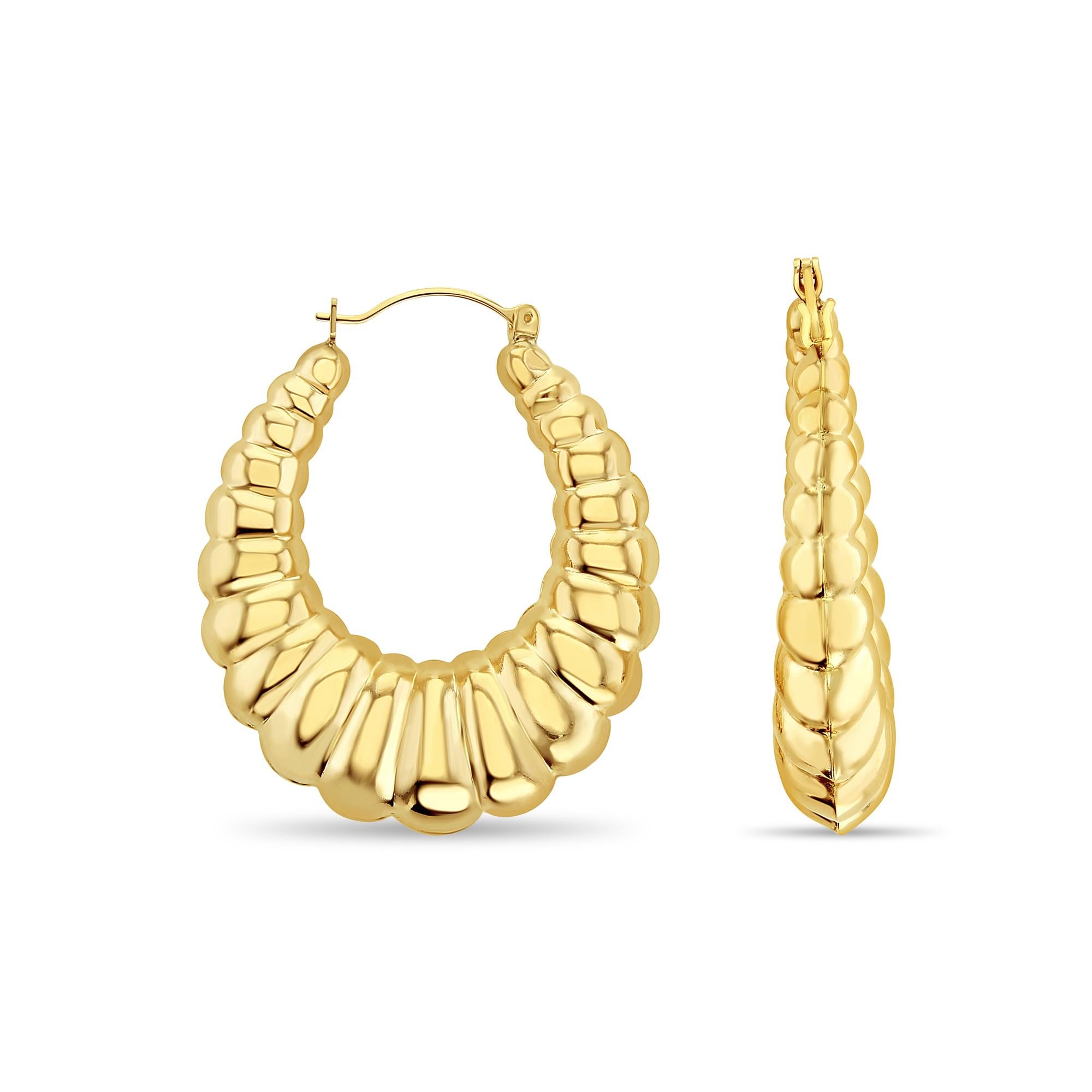 ♥ Product Summary ♥

Metal: 14K Yellow Gold (Hollow)
Size: 44MM
Weight: 12 grams
Width: 9mm
Closure: Snap closure

**Earrings are NOT gold plated or gold filled