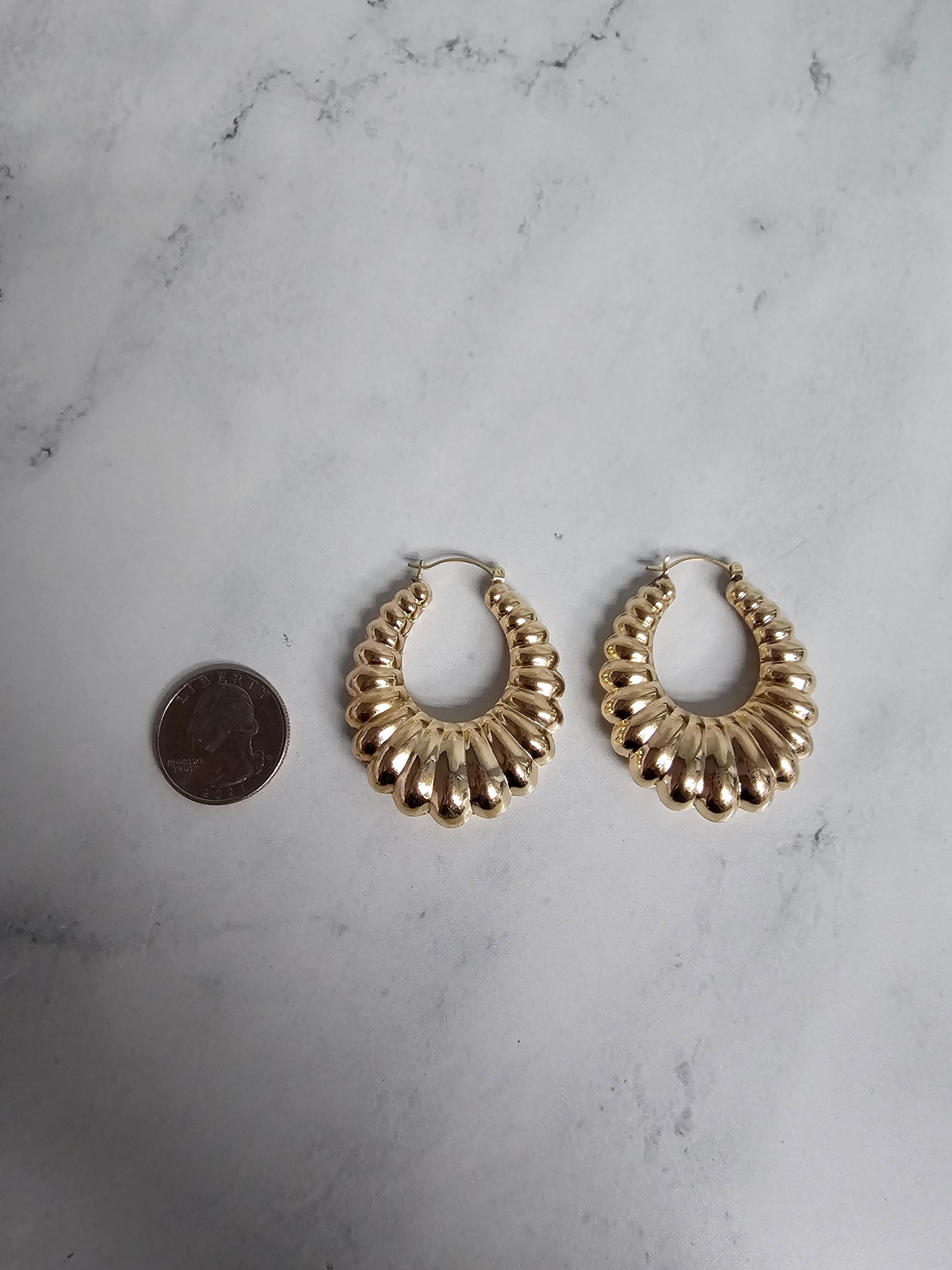 Women's or Men's 44MM Vintage Polished Puffy Shrimp Hoops 14k Yellow Gold For Sale