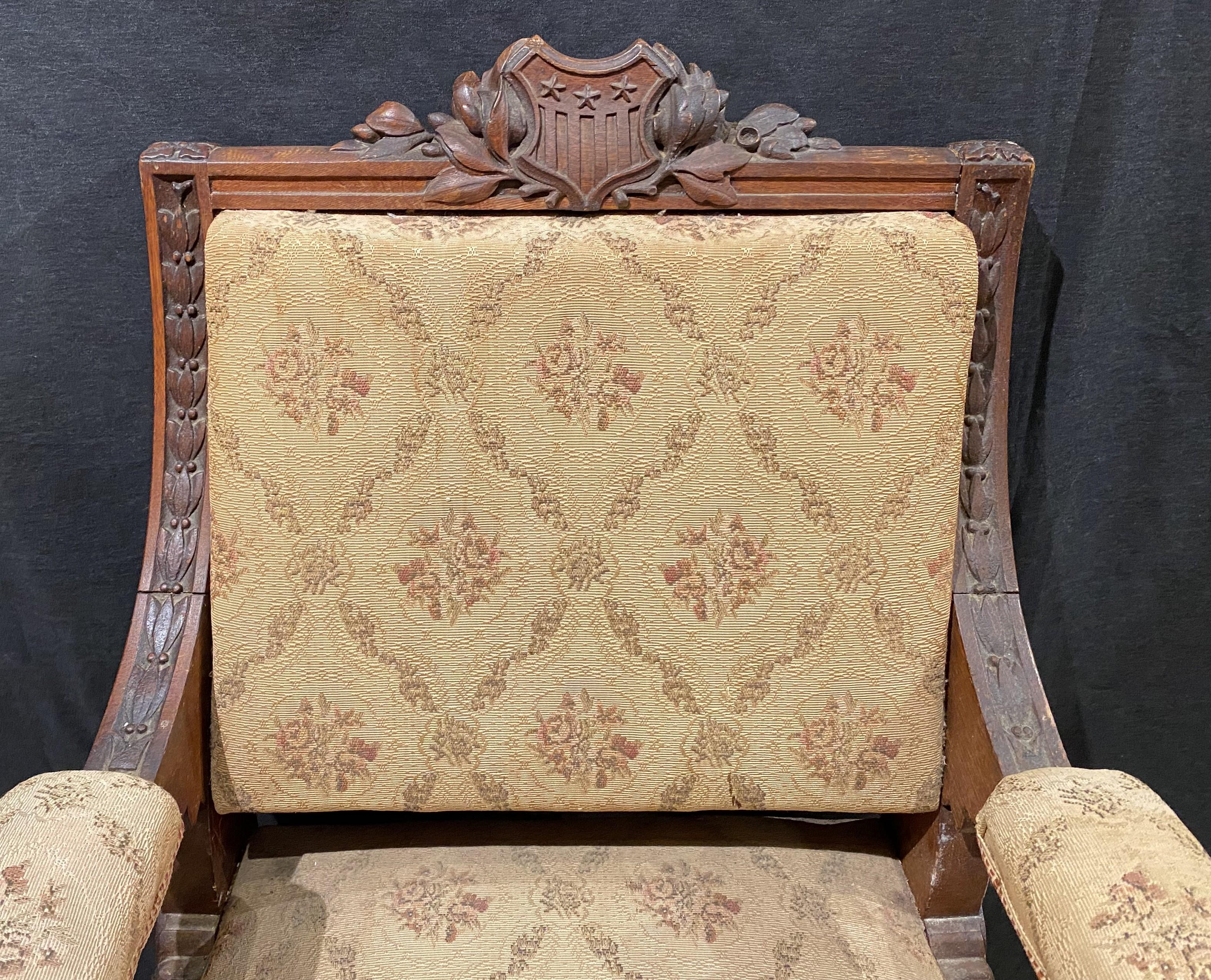 A beautifully detailed carved and upholstered oak US Senate armchair belonging to Person C. Cheney (1828-1901), the  44th New Hampshire Governor and US Senator. Person was born in Holderness, NH, educated at the academies at Parsonfield, Maine and