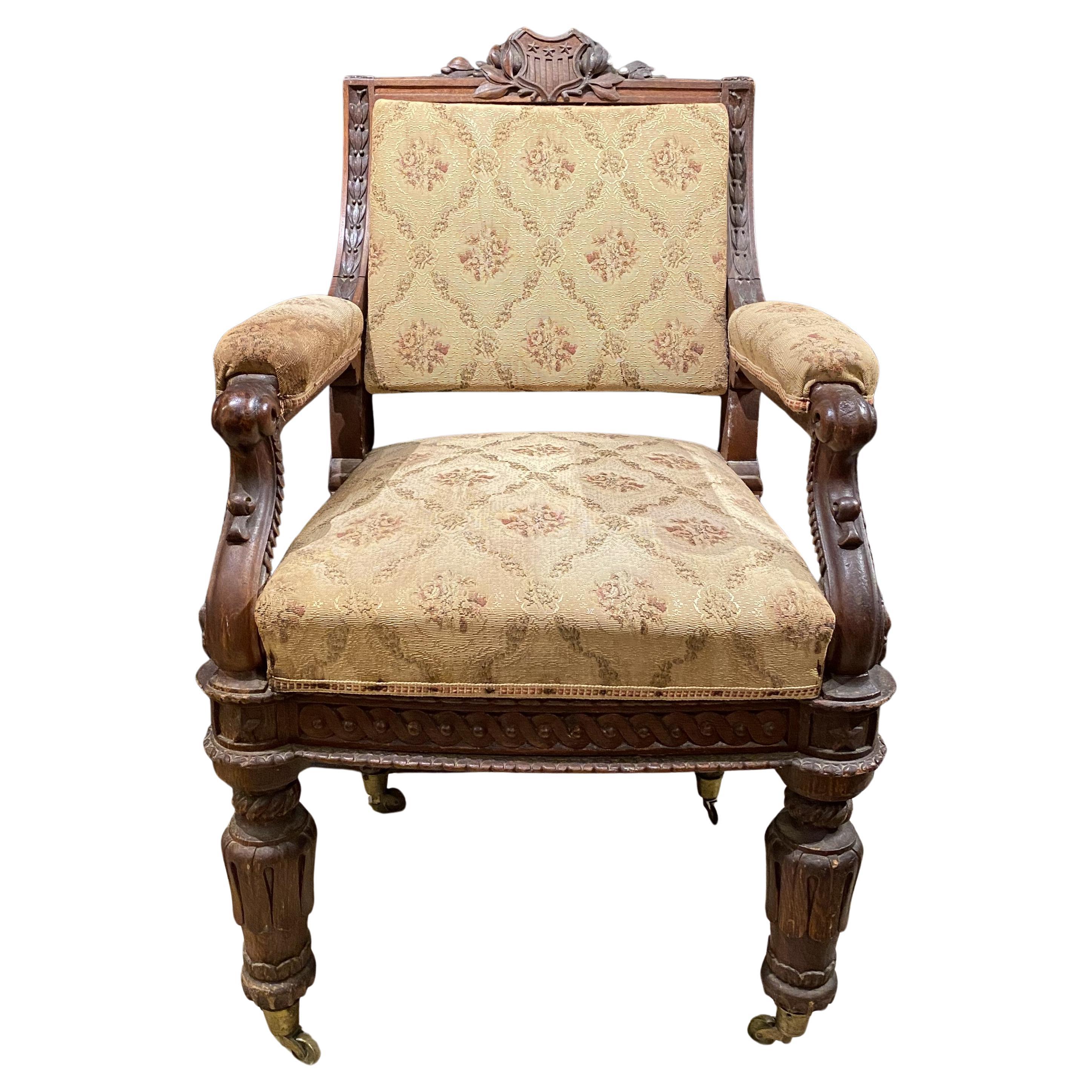 44th NH Governor Person C. Cheney Carved & Upholstered US Senate Armchair  For Sale