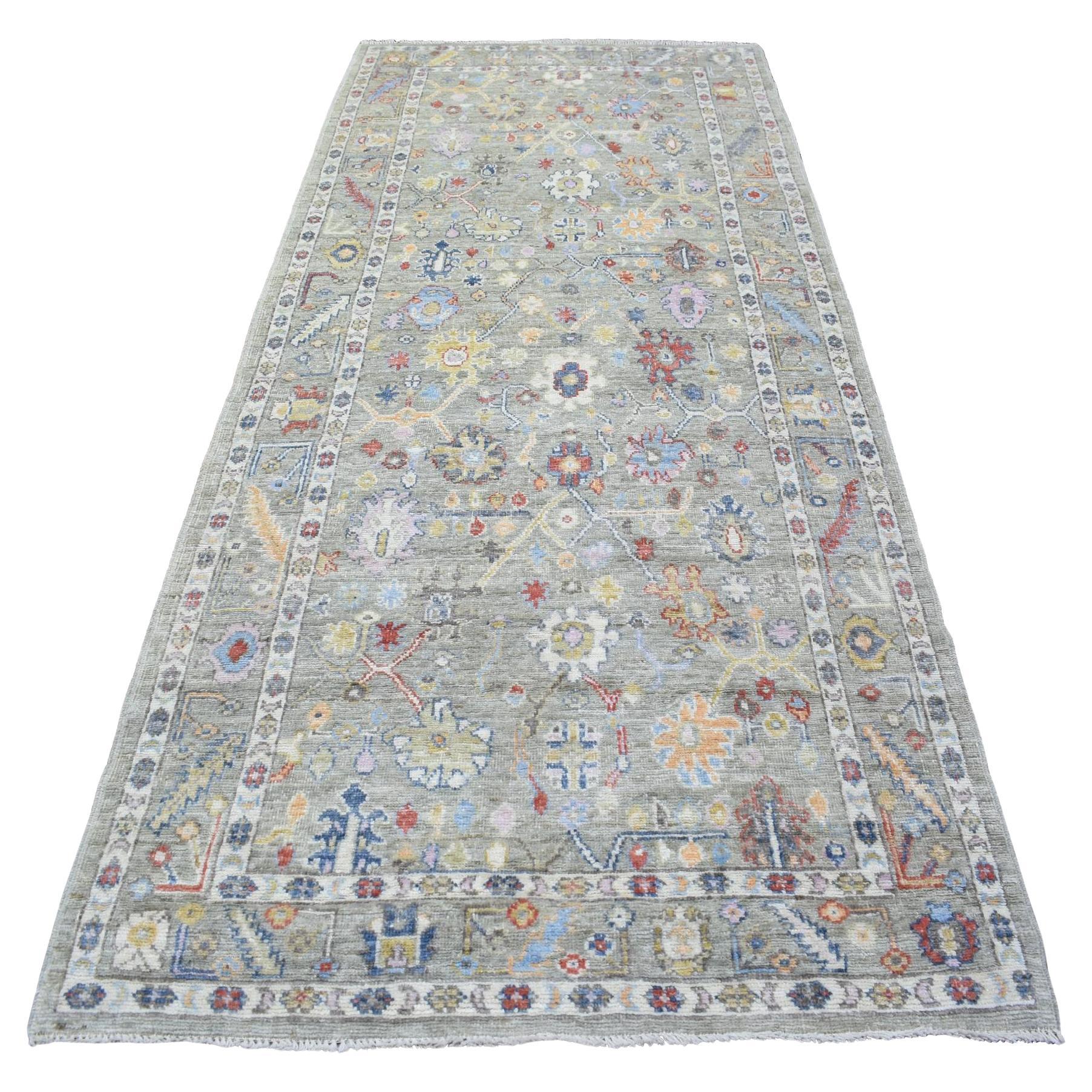 4'4"x10' Taupe Hand Knotted Afghan Angora Oushak Colorful Wool, Wide Runner Rug