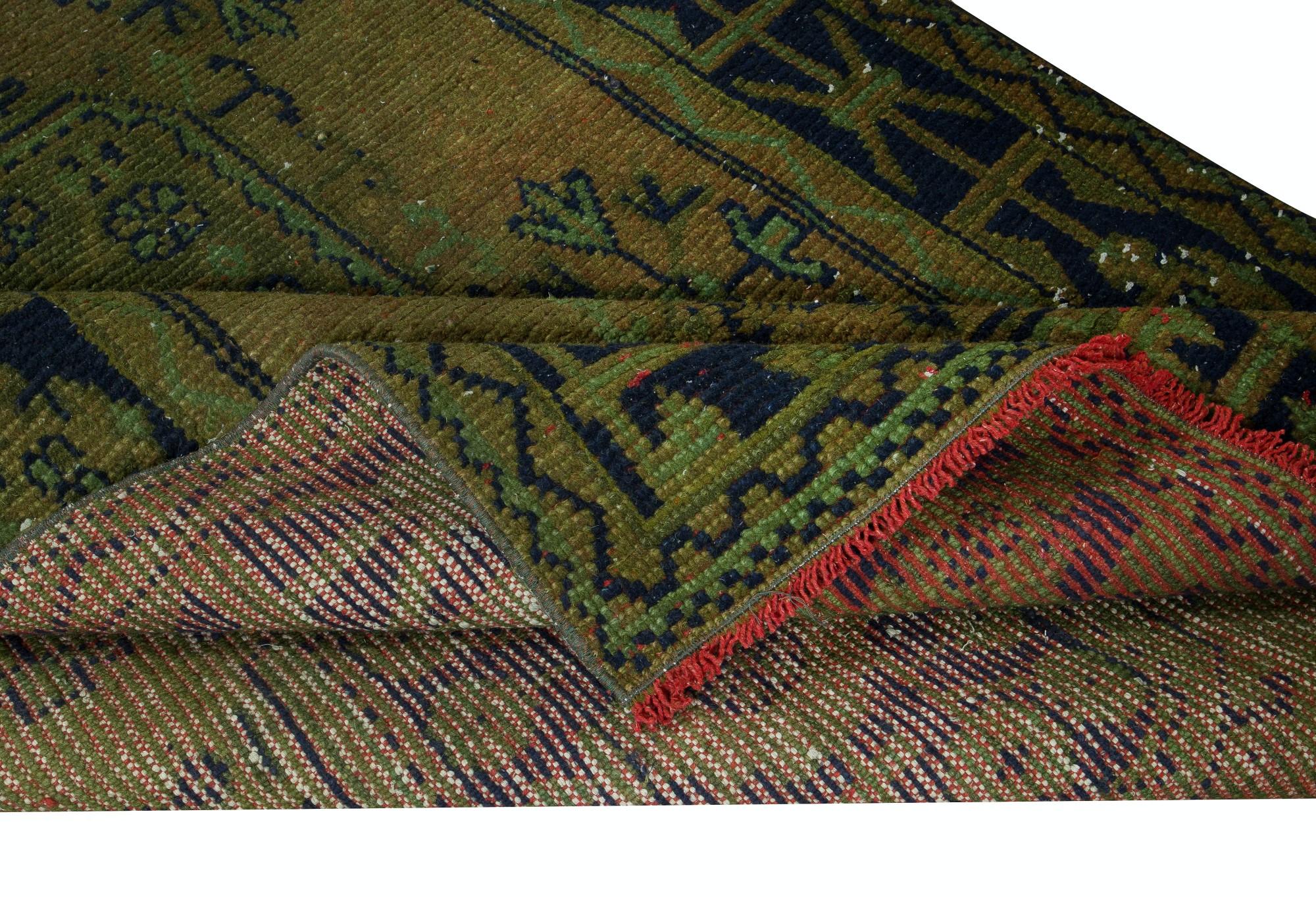 Modern 4.4x11 Ft Handmade Turkish Runner Rug for Hallway, Green Corridor Carpet For Sale