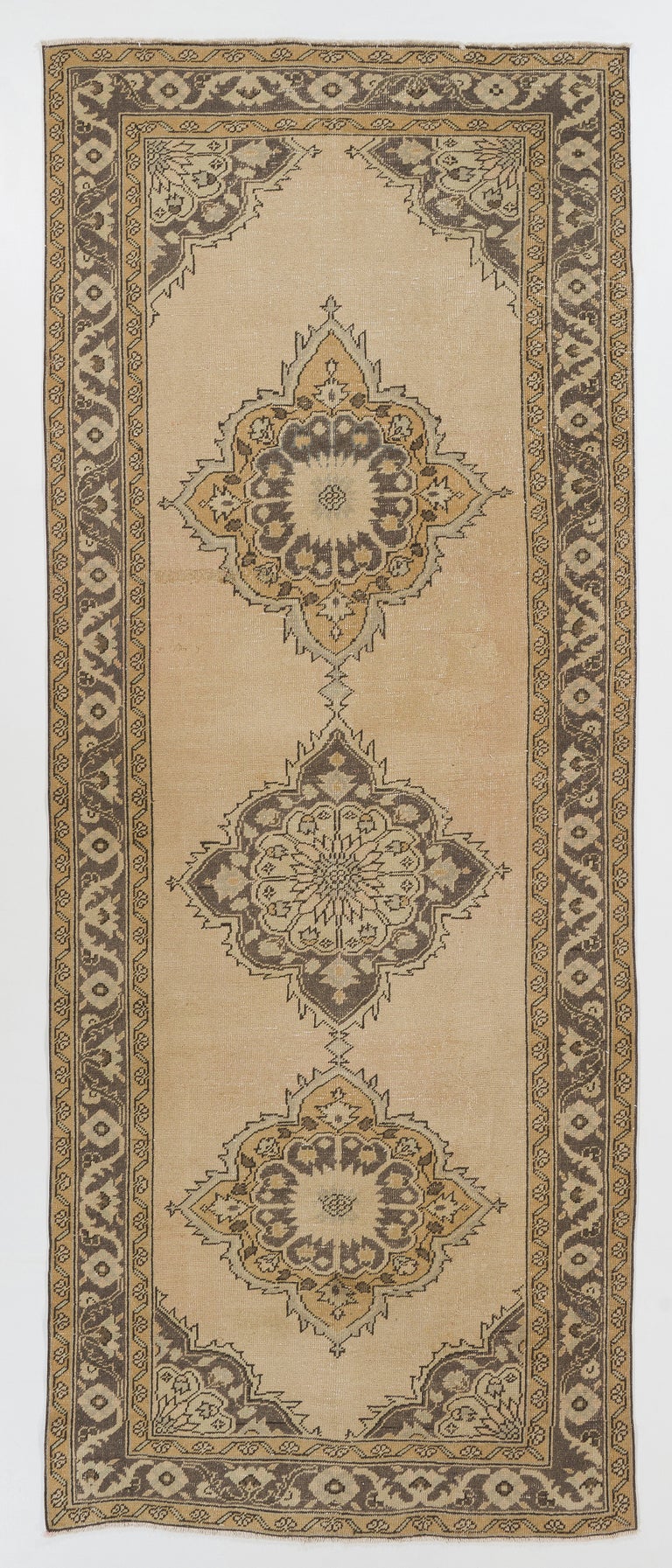 Tri-Medallion Vintage Turkish Oushak Runner Rug for Hallway Decor For ...