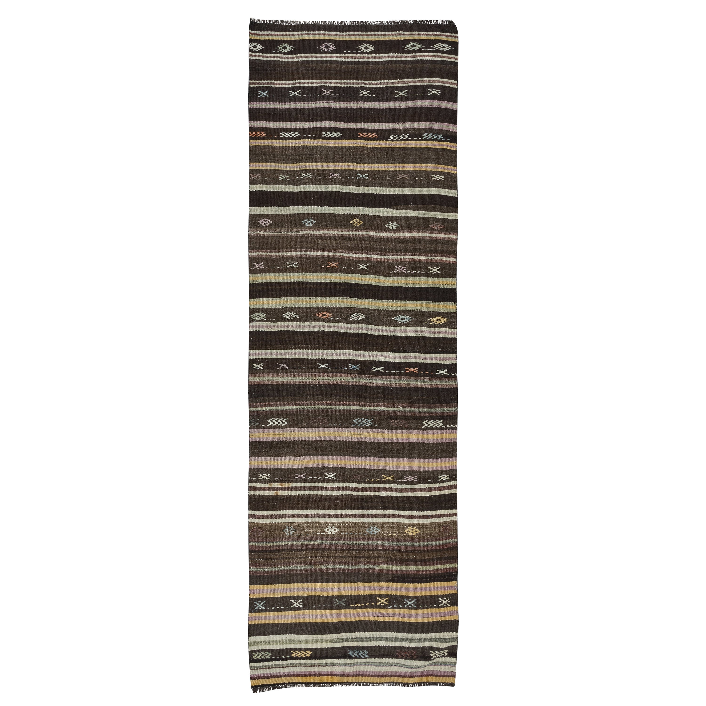 4.4x12 Ft Vintage Anatolian Hallway Runner Kilim, Flat-Weave Corridor Carpet