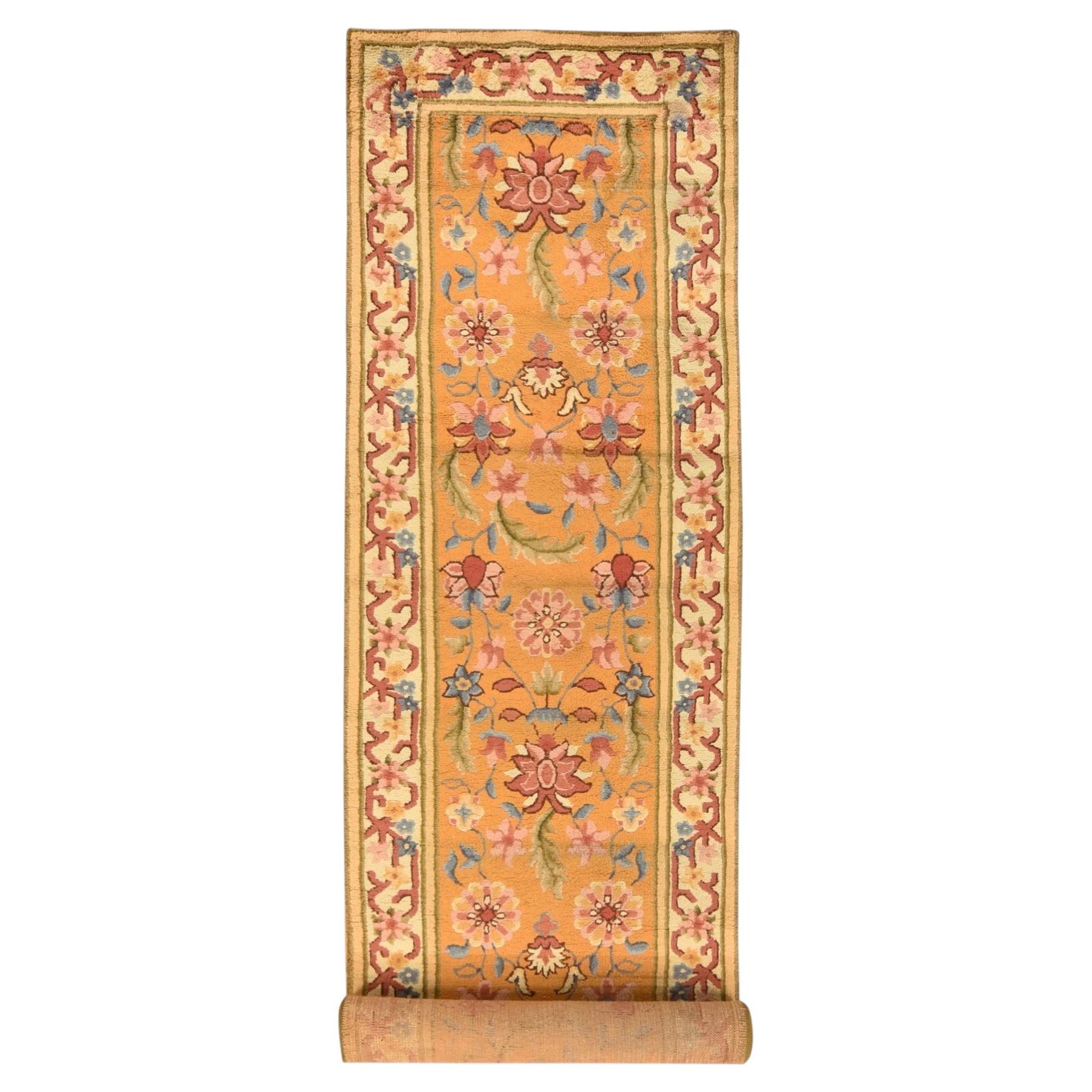 4'4"x17'4" Yellow Arts and Crafts European Design Hand Knotted Wool Runner Rug