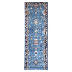 4'4"x19' Blue Heriz All Over Design Hand Knotted Pure Wool Runner Oriental Rug
