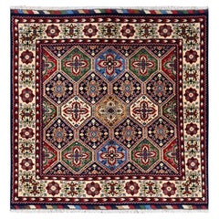 4'4"x4'4" Colorful Afghan Khamyab Garden Design Hand Knotted Wool Square Rug
