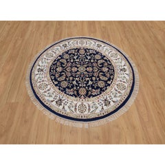 4'4"x4'4" Midnight Blue Nain Flower Design Hand Knotted Wool & Silk Round Rug