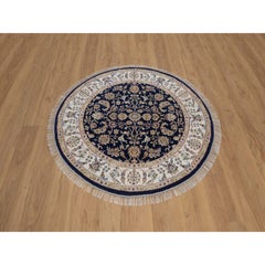 4'4"x4'4" Midnight Blue Nain Flower Design Hand Knotted Wool & Silk Round Rug