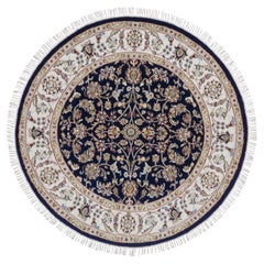 4'4"x4'4" Midnight Blue Nain Flower Design Hand Knotted Wool & Silk Round Rug