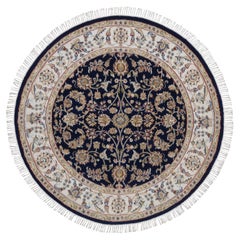 4'4"x4'4" Midnight Blue Nain Flower Design Hand Knotted Wool & Silk Round Rug