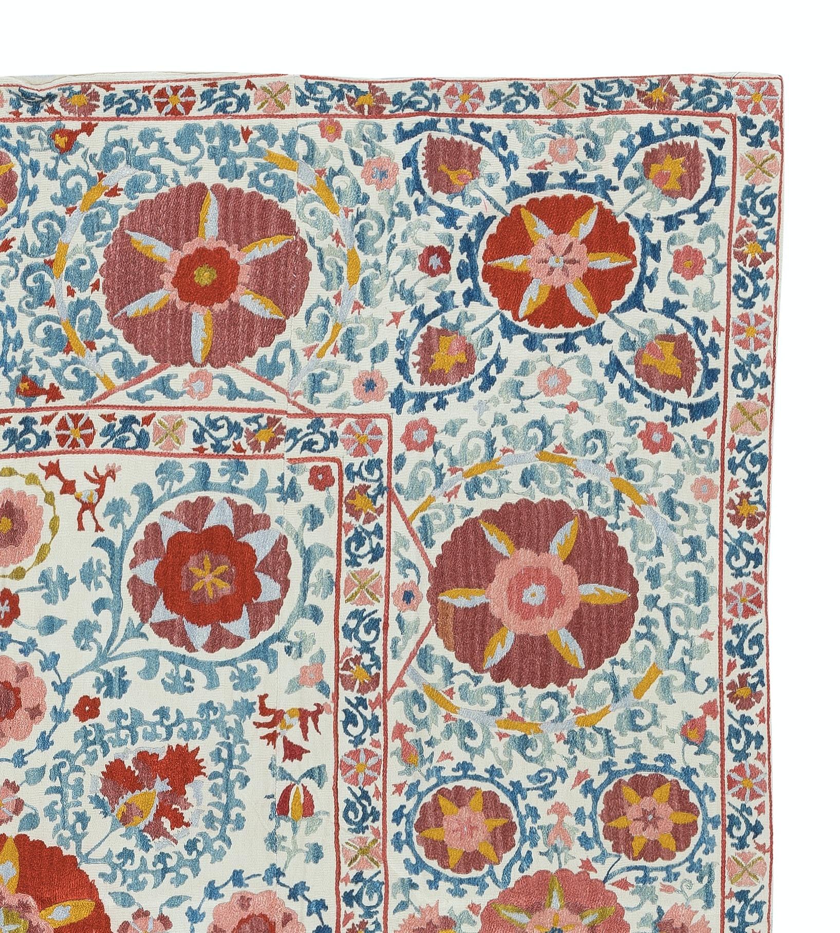 Suzani 4.4x4.8 Ft Embroidered Silk Wall Hanging. Modern Table Cover. New Bedspread For Sale