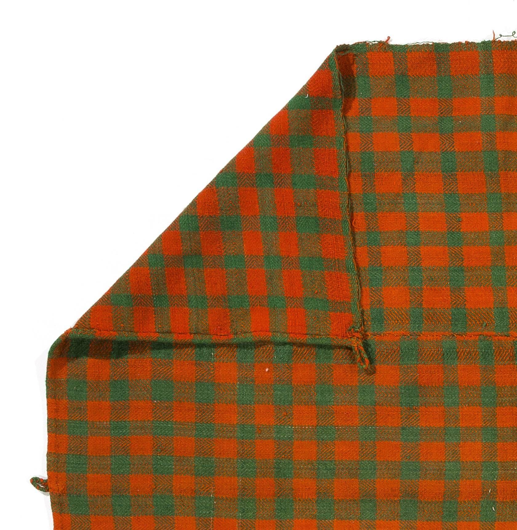 20th Century 4.4x5 Ft Vintage Checkered Turkish Flat-weave Kilim Rug in Orange & Citrus Green For Sale