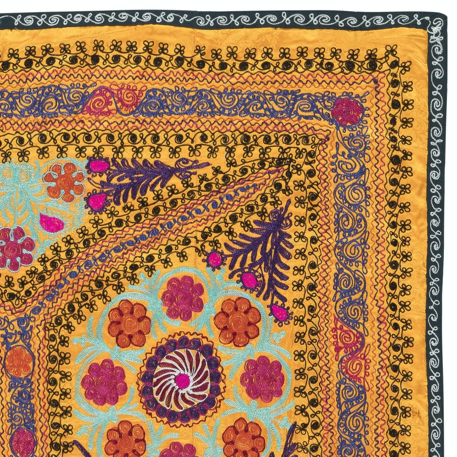 Suzani 4.4x5.2 Ft Embroidered Silk & Cotton Wall Hanging. Yellow Bed Cover. Sofa Spread