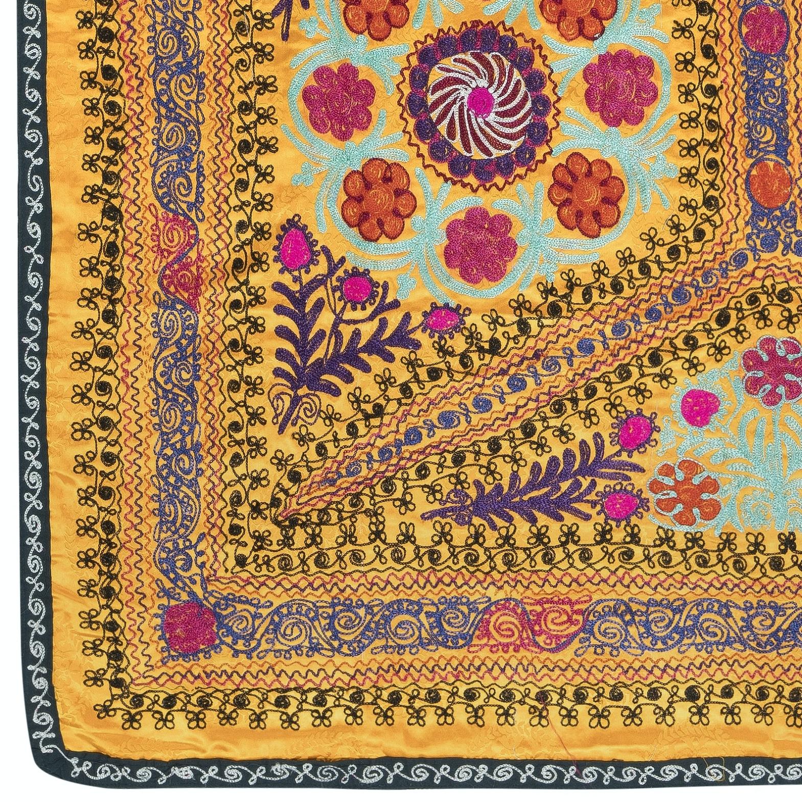 Central Asian 4.4x5.2 Ft Embroidered Silk & Cotton Wall Hanging. Yellow Bed Cover. Sofa Spread