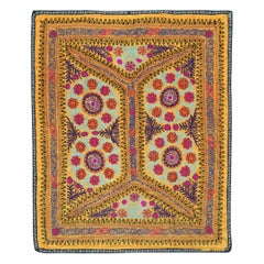 4.4x5.2 Ft Embroidered Silk & Cotton Wall Hanging. Yellow Bed Cover. Sofa Spread