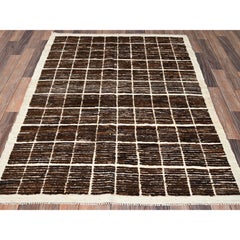 4'4"x5'8" Bistre Brown Moroccan Weave Grid Design Hand Knotted Wool Oriental Rug