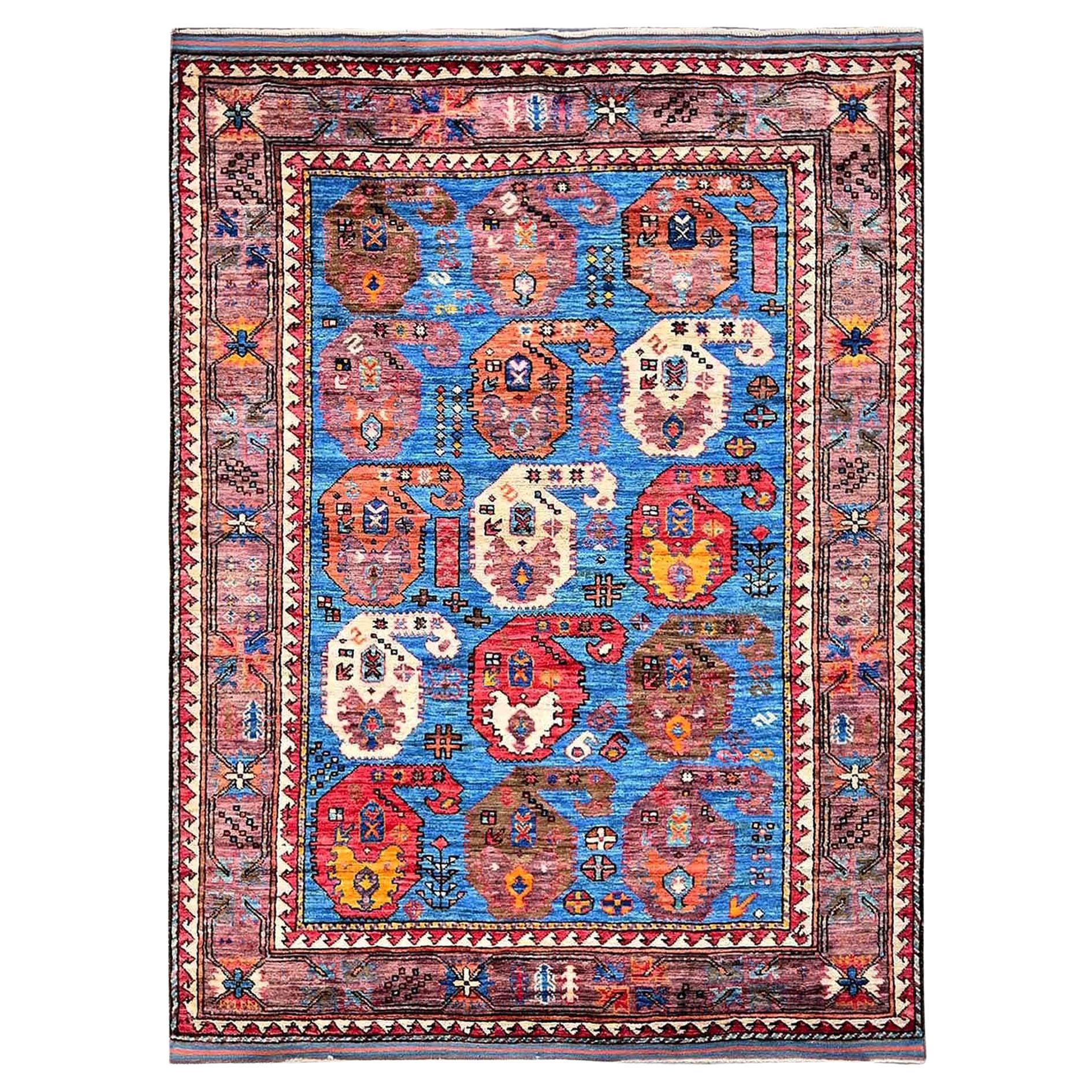 4'4 "x5'9" Blauer afghanischer Ersari mit kaukasischem Design Revival handgeknüpfter Wollteppich