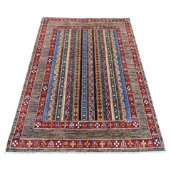 4'4"x6' Beaver Brown Hand Knotted Afghan Super Kazak Shawl Design Wool Rug